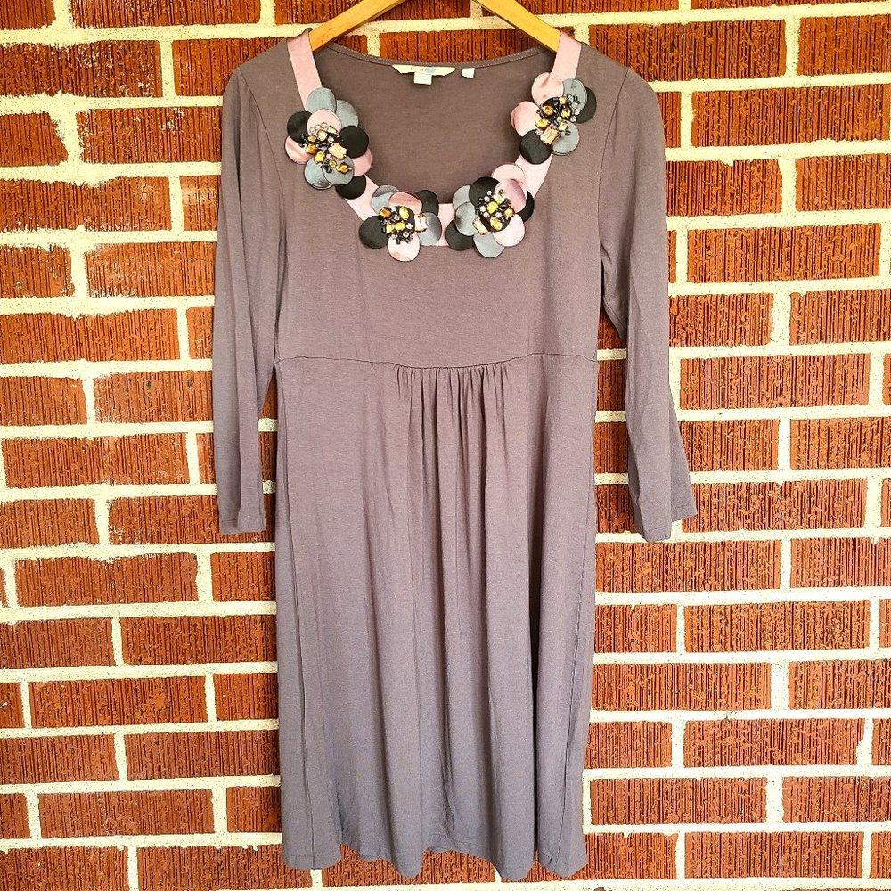 Boden Faux Leather Floral Applique Scoop Neck Long Sleeve Knit Dress Blush Brown